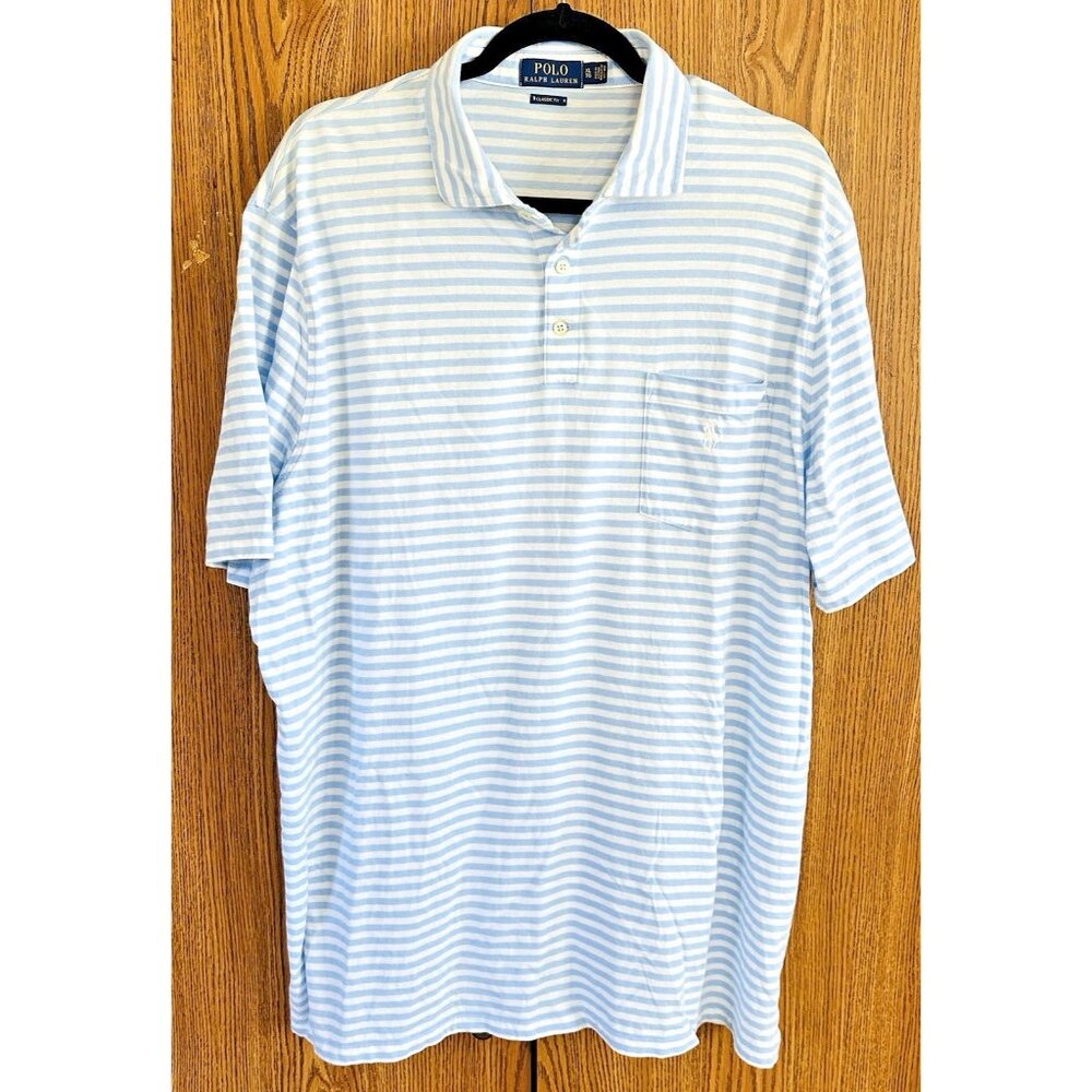 Polo Ralph Lauren Shirt Classic Fit Men XL 3 Short Sleeves Lt Blue White Stripes